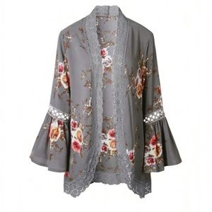 Grey Bell Sleeve Floral Kimono NWOT